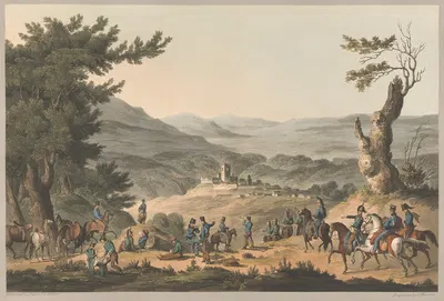 Sabugal on the River Coa French pickets in the foreground the Allies preparing to cross the River. by Charles Turner,…