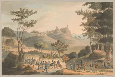 The Frontier of Pina Macor. Portugese Troops on the March to Costello Branco, 18th May 1811 by Charles Turner, 1811 —…