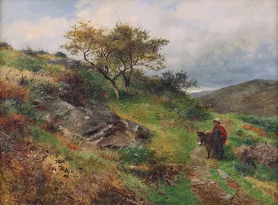 Девочка с ослом в горном пейзаже by Дэвид Бейтс, 1879 — digital art print download