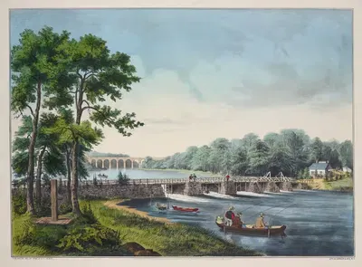 Вид на реку Гарлем, Нью-Йорк. Высокий мост вдали by Фанни Палмер, 1852 — digital art print download