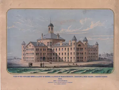 View of the new alms house for the city of Boston in the state of Massachusetts, erecting on Deer Island in Boston Harbor…