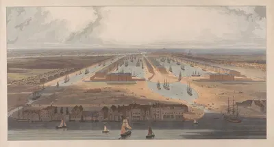 An Elevated View of the New Docks & Warehouses now Constructing on the Isle of Dogs by William Daniell, 1802 — digital art…