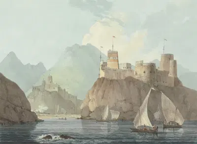 East View of the Forts Jellali and Merani, Muskat by William Daniell, 1793 — digital art print download