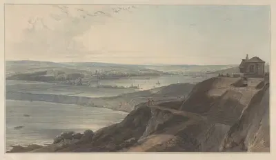 View of the Town and Part of the Harbour of Falmouth from Pendennis Castel, Cornwall by William Daniell, 1826 — digital art…