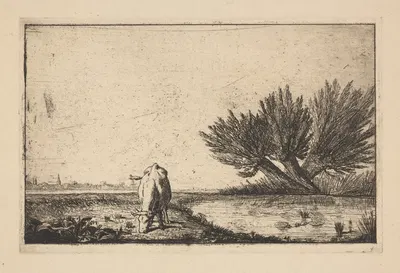 Cow grazing by pond by Auguste Delâtre — digital art print download