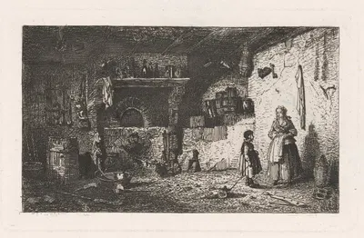 Farmhouse interior with mother and daughter near raised hearth by Шарль Эмиль Жак — digital art print download