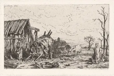 Сельская ферма с амбаром, телегой, двумя фермерами by Шарль Эмиль Жак, 1844 — digital art print download