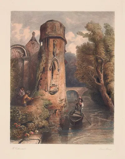Landscape with man in boat playing lute near moss-covered tower (George Cattermole) by Louis Marvy, 1850 — digital art…
