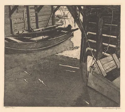Interior of a boat house with a fish cart and a boat with built-in fish cart by Willem Jansen, 1922 — digital art print…