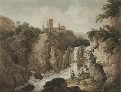 Felsige Landschaft mit Burgruine und Wasserfall by Adrian Zingg — digital art print download