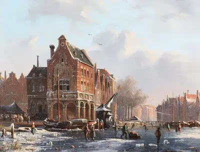 Замерзший канал в голландском городе by Адрианус Эверсен — digital art print download