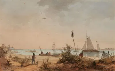 Küstenlandschaft mit Fischern und Segelschiffen in der Ferne by Andreas Achenbach — digital art print download
