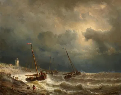 Segelschiffe an einer stürmischen Küste by Andreas Achenbach, 1858 — digital art print download