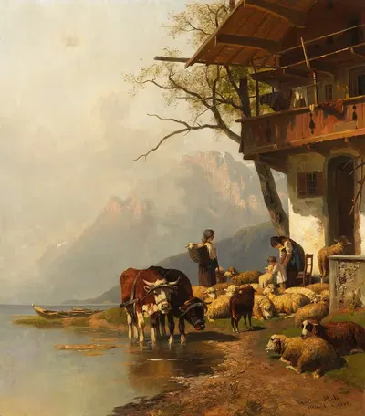 Покойная овечья стая перед домом у горного озера by Кристиан Фридрих Мали, 1885 — digital art print download