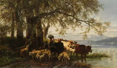 Крестьянка и пастушонок с коровами и овцами на берегу озера by Кристиан Мали, 1878 — digital art print download