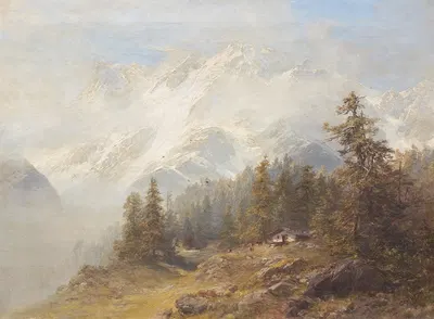 Alpenlandschaft vor schneebedecktem Massiv by Edward Theodore Compton — digital art print download