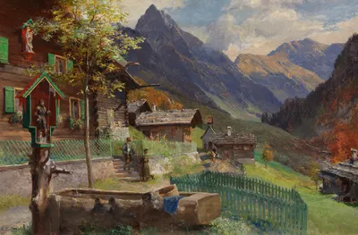 Gerstruben, am Dorfbrunnen mit Blick auf die Höfats. (Dorfbrunnen mit einem Andachtsbild des Hl. FLorian) by Edward…