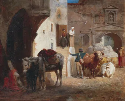 Южная уличная сцена с мулом и воловьей повозкой by Франц Квальо, 1869 — digital art print download