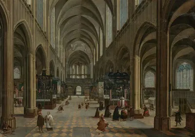 The interior of Antwerp Cathedral with figures attending a Mass by Hendrick Van Steenwijk The Elder, 1587 — digital art…