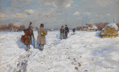 Зимний пейзаж с возвращающимися музыкантами by Хуго Мюлиг, 1880 — digital art print download