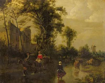 A river landscape with a horse-drawn cart carrying a lady with baskets of vegetables across a ford next to a castle by Jan…