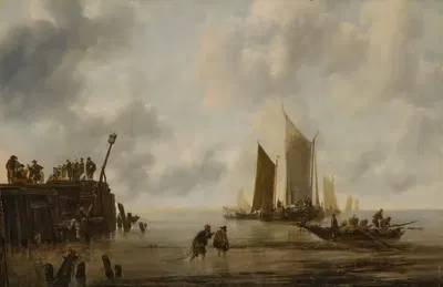 A calm with fishing boats and figures on a jetty by Jan van de Cappelle, 1651 — digital art print download