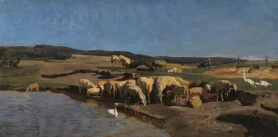 Альпийский пейзаж с овцами у поилки by Иоганн Баптист Хофнер, 1870 — digital art print download