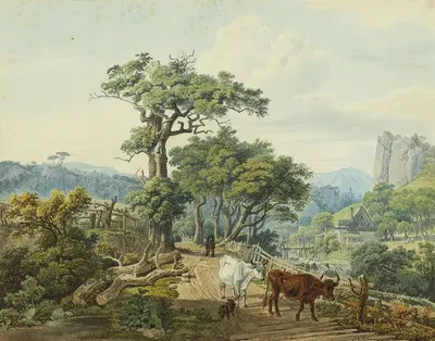 Горно-лесной пейзаж с фермерами и коровами by Иоганн Кристоф Эрхард, 1817 — digital art print download