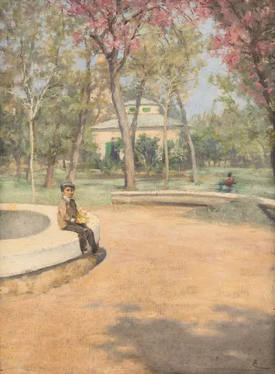 В парке, мальчик сидит на краю фонтана by Йозеф Энгельхарт, 1880 — digital art print download