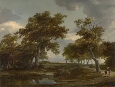 Bewaldete Flusslandschaft mit Figuren auf einem Weg by Meindert Hobbema, 1659 — digital art print download