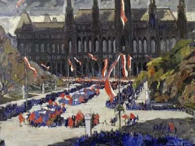 Abmarsch zur Auflösung der Gruppen vor dem Rathaus anlässlich der Zehnjahrfeier des Bestandes der Republik by Rudolf…