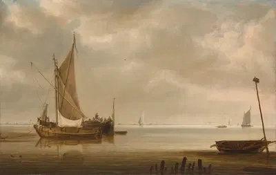A calm estuary with a smalschip and a waterschip at anchor, with other ships in the distance by Simon de Vlieger — digital…