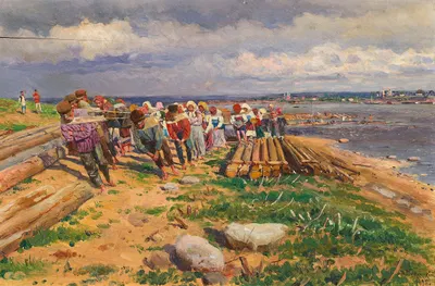 Лесорубы на берегу Волги, поддерживаемые женщинами by Владимир Егорович Маковский, 1895 — digital art print download