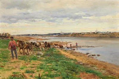 Деревянщики с лошадьми на берегах Волги by Владимир Егорович Маковский, 1895 — digital art print download