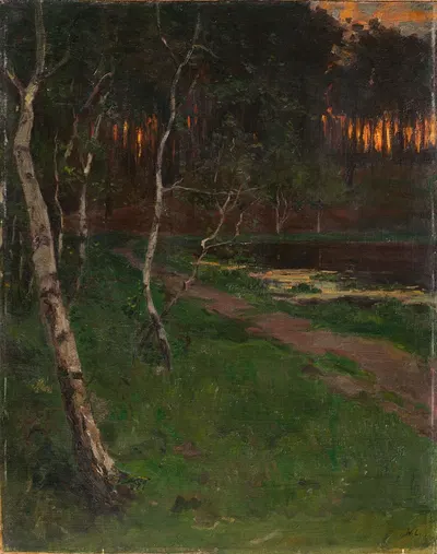 Березы на берегу озера при заходящем солнце by Уолтер Лейстиков, 1892-1894 — digital art print download