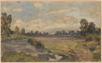 Пейзаж с рекой и видом на горы Есеник by Адольф Дресслер, 1850-1881 — digital art print download
