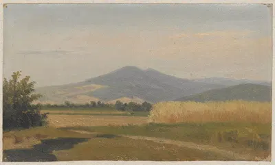 Farm fields and Mount Śnieżka in the background by Arthur Blaschnik, 1859 - 1879 — digital art print download