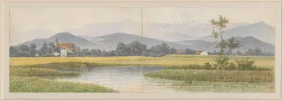 Mountain landscape with panorama of the Karkonosze and view of a church by Arthur Blaschnik, 1859 - 1879 — digital art…