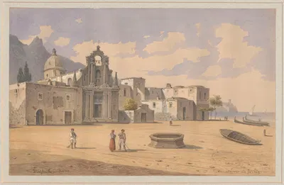 View of a quay with Baroque church in the port town Lacco Ameno in Ischia by Arthur Blaschnik, 1853 - 1864 — digital art…