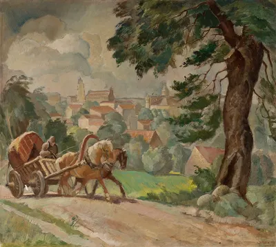 Two-horse cart on the road into town by Michał Rouba, 1936 — digital art print download