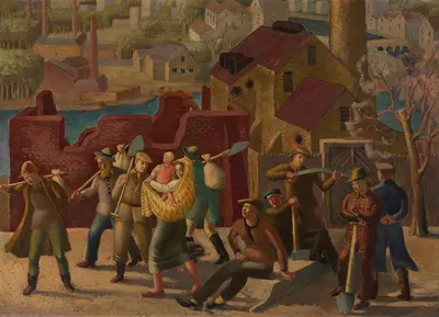 Urban landscape with workers against the background of a building by Michał Rouba, 1940 — digital art print download