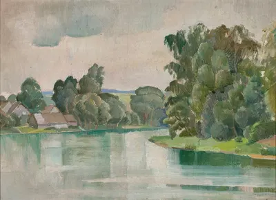 Village by a river by Michał Rouba, 1926 — digital art print download
