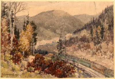 Locomotive in the Ural Mountains near Zlatoust. by Boris Vasilievich Smirnov, 1904 — digital art print download