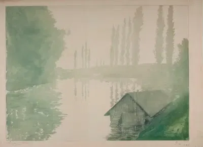 Туманный прибрежный пейзаж с тополями и домом на воде by Южен Делатр, 1903–1905 — digital art print download