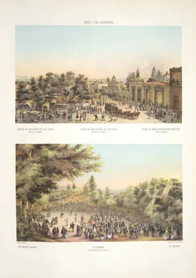 Square of San Agustin de las Cuevas, town of Tlalpam ; The Mount Calvary. by C. Castro, 1869 — digital art print download