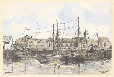 De haven van IJmuiden, met rechts op de achtergrond het Ned. Herv. kerkje (de in 1880 gebouwde kerk is in 1968 afgebroken)…