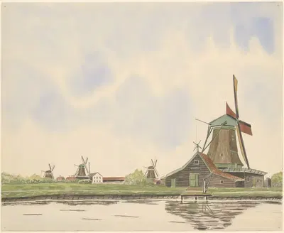 Oliemolen De Kerkuil aan de Zaan, met drie molens op de achtergrond. De Kerkuil stond binnendijks, tegenover de…