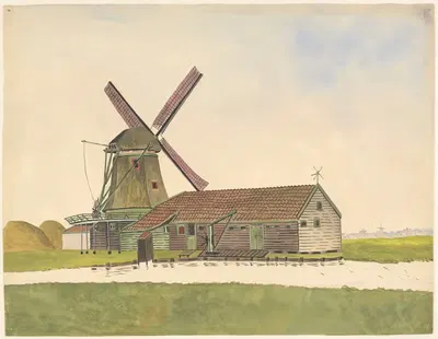 Oliemolen De Zoeker met schuur, hijskraan en stilletje by Johannes Nicolaas Eijman, 1930-1945 — digital art print download