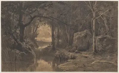 Трое рыбаков вдоль берегов реки на краю леса by Адольф Аппиан, 1868 — digital art print download