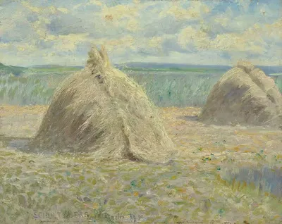 French summer landscape with haystacks by Anshelm Schultzberg, 1890 — digital art print download